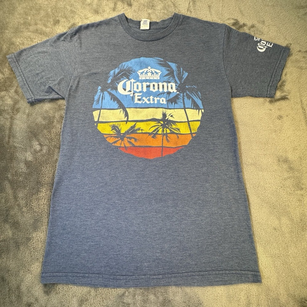Corona T-Shirt Mens Size S Crew Neck Blue Short Sleeve Beach Palm‎ Tree Sunset